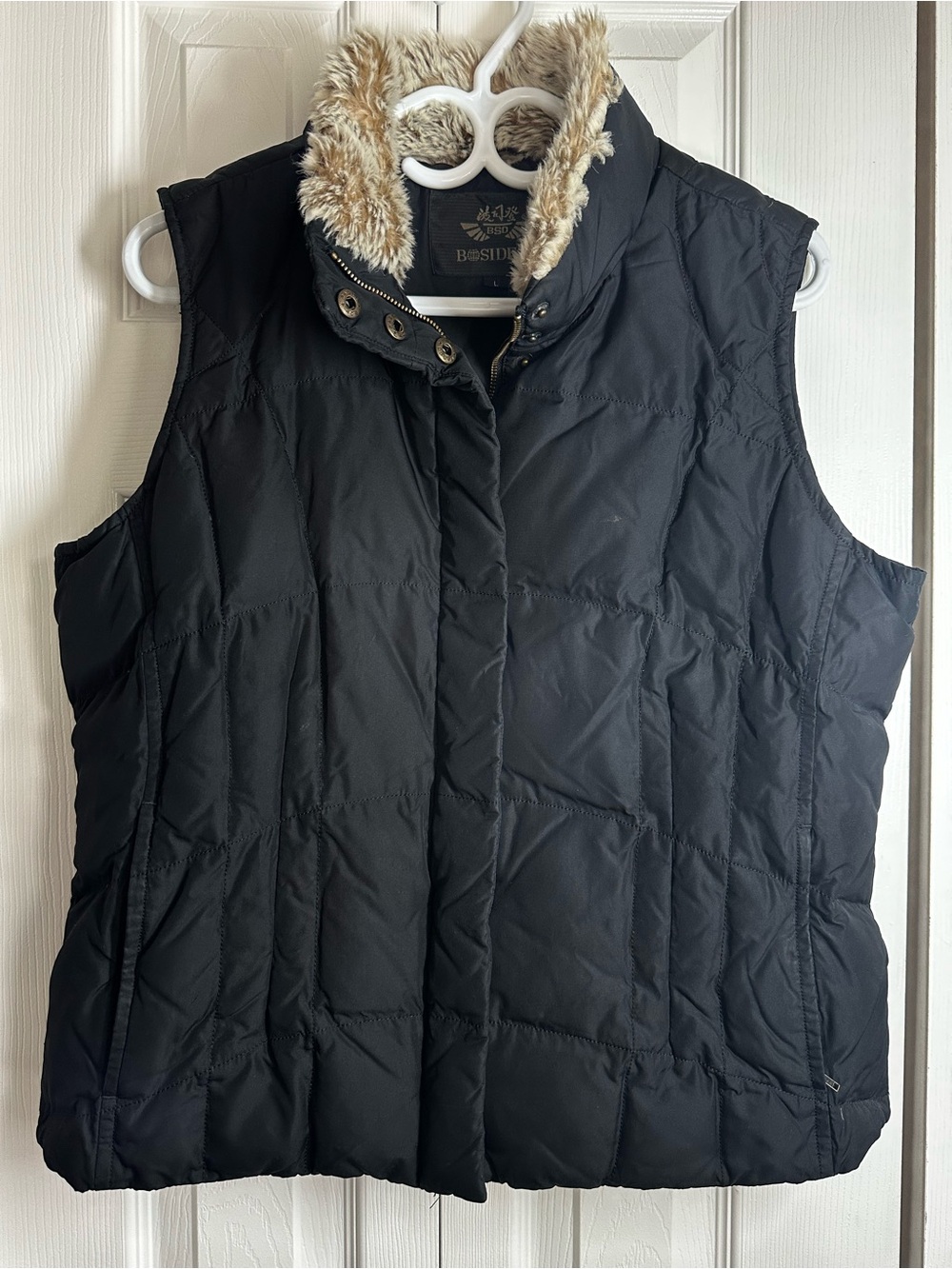 Black Quilted Puffer Vest with Faux Fur Collar